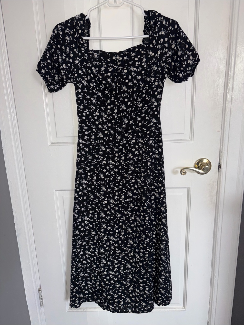 Black Floral Midi Dress with Puff Sleeves